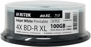 25 Pack Ritek BD-R XL BDXL 100GB Archival Grade Triple Layers 4X White Inkjet Hub Printable Blank Recordable Disc in Spindle