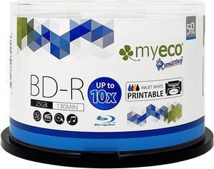 50 Pack Myeco Bd-r BDR Blu-ray 25gb Upto 10x White Inkjet Hub Printable Blank Data Recordable Media Disc with Cakebox/Spindle Packing