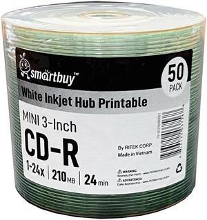 50 Pack Smartbuy Mini CD-R 3-inch 24X 210MB 24Min White Inkjet Hub Printable Blank Media Recordable Disc