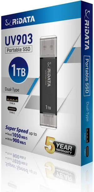 RiDATA UV903 Black 1TB Portable SSD External Solid State Drive, R/W Speed up to 1050MB/s & 900MB/s, USB 3.2 Gen 2 OTG USB C & USB A, Thumb Drive, Compatible for iPhone/PS5/Android/Windows/Mac