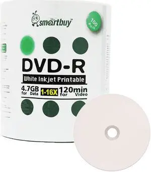 Smartbuy DVD-R 16X 4.7GB 120Min White Inkjet Hub Printable Music Video Data Recordable Disc (100 Packs)