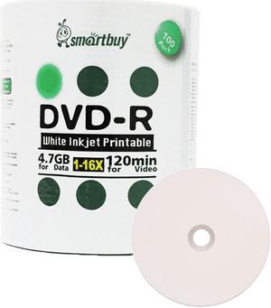 100 Pack Smartbuy 16X DVD-R 4.7GB 120Min White Inkjet Hub Printable Blank Media Recordable Disc