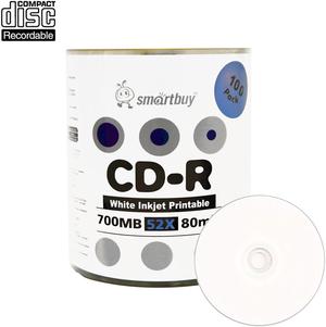 Smartbuy CD-R 52X 700MB 80Min White Inkjet Hub Printable Blank Data Recordable Disc (100 Packs)