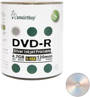 100 Pack Smartbuy 16X DVD-R 4.7GB 120Min Silver Inkjet Hub Printable Blank Media Recordable Disc