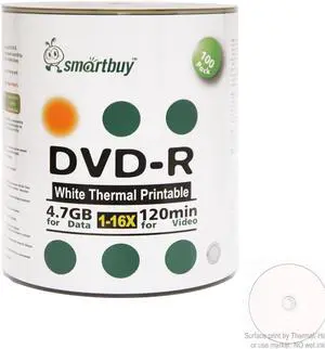 Smartbuy DVD-R 16X 4.7GB 120Min White Thermal Hub Printable Music Video Data Recordable Disc (100 Packs)