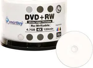50 Pack Smartbuy Blank DVD+RW 4x 4.7GB 120Min White Inkjet Hub Printable Rewritable DVD Media Disc
