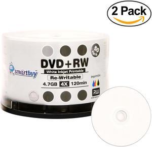 100 Pack Smartbuy Blank DVD+RW 4x 4.7GB 120Min White Inkjet Hub Printable Rewritable DVD Media Disc