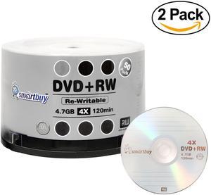 100 Pack Smartbuy Blank DVD+RW 4x 4.7GB 120Min Branded Logo Rewritable DVD Media Disc