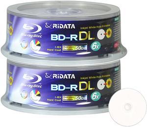 Ridata Blu-ray BD-R DL Dual Layer 6X 50GB White Inkjet Hub Printable Recordable Blank Media Disc with Spindle Packing (50 Pack)