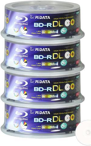 Ridata Blu-ray BD-R DL Dual Layer 6X 50GB White Inkjet Hub Printable Recordable Blank Media Disc with Spindle Packing (100 Pack)