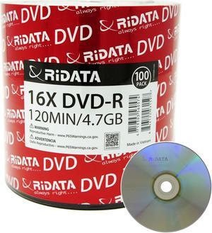 Ridata DVD-R 16X 4.7GB 120 Min Silver Logo Top Blank Data Video Media Recordable Disc (100 Pack)