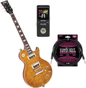 Vintage V100AFD ReIssued Electric Guitar Flamed Amber, KLIQ TinyTune, ErnieBall Cable Bundle Vintage V100AFD ReIssued Electric Guitar Flamed Amber, KLIQ TinyTune, ErnieBall Cable Bundle