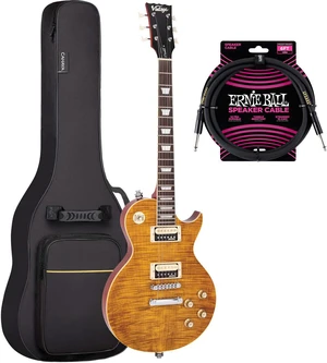 Vintage V100AFD ReIssued Electric Guitar Flamed Amber, CAHAYA Bag, ErnieBall Cable Bundle Vintage V100AFD ReIssued Electric Guitar Flamed Amber, CAHAYA Bag, ErnieBall Cable Bundle