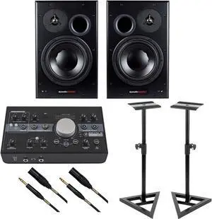 (2) Dynaudio BM15A 10 inch Powered Monitors, Mackie Big Knob Studio, Monitor Stands, (2) Mogami XLR to 1/4 Bundle