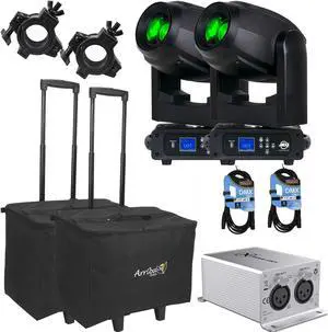 (2) American DJ Focus Spot 5Z 200 Watt, (2) Arriba Case ACR19, (2) Clamps, (2) DMX Cables, (1) Chauvet DJ Xpress 1024 Interface Bundle