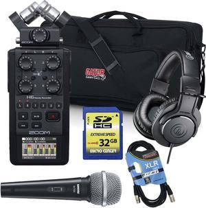 Zoom H6 All Black Handy Recorder, (2) Movo PM10 Lavalier Mic, (2) 3.5mm to  XLR Adapter, (2) XLR Cable, Movo SMM5-B Mount, SD Card 32Gb, Windscreen  Bundle