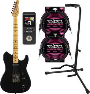 Godin (049332) Stadium HT Electric Guitar  Matte Black, Gator Stand, (2) ErnieBall Cable, KLIQ TinyTune Bundle