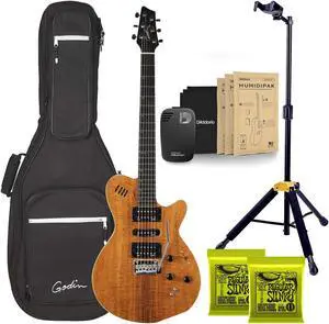 Godin (041497) xtSA Koa Electric Guitar, Natural, (2) Ernie Ball 2221 Cable, Hercules GS415B, D'Addario Humidikit Bundle