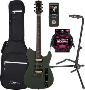 Godin (050406) Radium Electric Guitar  Matte Green, ErnieBall Cable, KLIQ TinyTune, Gator GFW-GTR-1000 Stand Bundle