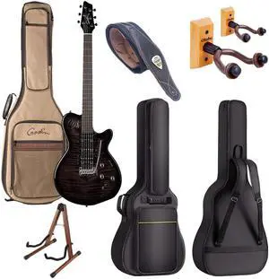 Godin 025503 xtSA Trans Black Flame 6 string Electric Guitar - CAHAYA Guitar Bag - Donner Wooden Stand - Wall Mount 2-Pack - Legato Guitar Strap