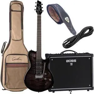 Godin 025503 xtSA Trans Black Flame 6 string Electric Guitar - Legato Guitar Strap - Boss Katana 50 Guitar - 1/4 Cable