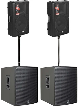 (2) PSG Audio Cobra 115 - 2000W 15" Powered Speaker - (2) HK Audio SONAR 115 Sub D 1500W - (2) Speaker Poles - (4) XLR Cables Bundle (2) PSG Audio Cobra 115 - 2000W 15" Powered Speaker - (2) HK Audio SONAR 115 Sub D 1500W - (2) Speaker Poles - (4) XLR Cables Bundle
