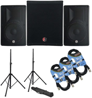 (2) PSG Audio Cobra 15" 2000 Watt, PSG Audio CHAOS 18 2400 Watts Sub, Stands, (3) XLR Cables Bundle (2) PSG Audio Cobra 15" 2000 Watt, PSG Audio CHAOS 18 2400 Watts Sub, Stands, (3) XLR Cables Bundle