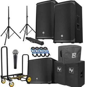 (2) EV EKX-12P Powered Speaker, EV EKX-15SP Sub, (2) EKX12 Cover, EKX15SP Cover, Rock-N-Roller R2RT, SM58 Mic, (2) Speaker Stands, (4) XLR Cables Bundle (2) EV EKX-12P Powered Speaker, EV EKX-15SP Sub, (2) EKX12 Cover, EKX15SP Cover, Rock-N-Roller R2RT, SM58 Mic, (2) Speaker Stands, (4) XLR Cables Bundle