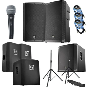 (2) Electro-Voice ELX200-15P, (1) EV ELX200-18SP, (2) ELX200-15P Covers, (1)ELX200-18SP Cover, (2) Speaker Stands, SV100 Mic, (3) XLR Cables Bundle (2) Electro-Voice ELX200-15P, (1) EV ELX200-18SP, (2) ELX200-15P Covers, (1)ELX200-18SP Cover, (2) Speaker Stands, SV100 Mic, (3) XLR Cables Bundle