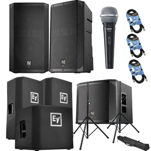(2) Electro-Voice ELX200-12P, EV ELX200-12SP, (2) ELX200-12P Covers, ELX200-12SP Cover, (2) Speaker Stands, SV100 Mic, (3) XLR Cables Bundle (2) Electro-Voice ELX200-12P, EV ELX200-12SP, (2) ELX200-12P Covers, ELX200-12SP Cover, (2) Speaker Stands, SV100 Mic, (3) XLR Cables Bundle