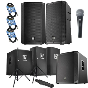 (2) Electro-Voice ELX200-12P, (1) EV ELX200-18SP, (2) ELX200-12P Covers, (1) ELX200-18SP Cover, (2) Speaker Stands, SV100 Mic, (3) XLR Cables Bundle (2) Electro-Voice ELX200-12P, (1) EV ELX200-18SP, (2) ELX200-12P Covers, (1) ELX200-18SP Cover, (2) Speaker Stands, SV100 Mic, (3) XLR Cables Bundle