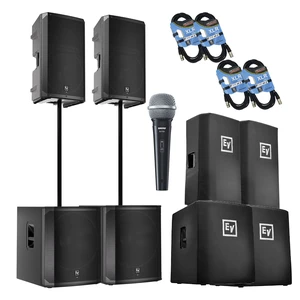 (2) Electro-Voice ELX200-12P, (2) EV ELX200-18SP, (2) ELX200-12P Covers, (2) ELX200-18SP Covers, (2) Poles, SV100 Mic, (4) XLR Cables Bundle (2) Electro-Voice ELX200-12P, (2) EV ELX200-18SP, (2) ELX200-12P Covers, (2) ELX200-18SP Covers, (2) Poles, SV100 Mic, (4) XLR Cables Bundle