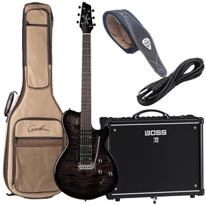 Godin 025503 xtSA Trans Black Flame 6 string Electric Guitar - Legato Guitar Strap - Boss Katana 50 Guitar - 1/4 Cable Godin 025503 xtSA Trans Black Flame 6 string Electric Guitar - Legato Guitar Strap - Boss Katana 50 Guitar - 1/4 Cable