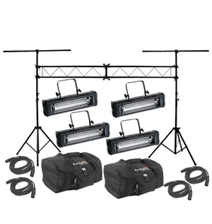 American DJ Lighting (4) Mega Flash DMX Party 800W Stobe Effect Light with (4) DMX Cables, (2) Arriba Bags & Portable Truss System American DJ Lighting (4) Mega Flash DMX Party 800W Stobe Effect Light with (4) DMX Cables, (2) Arriba Bags & Portable Truss System