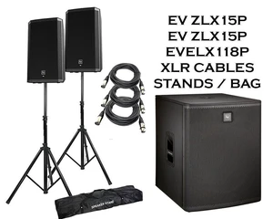 (2) Electro-Voice ZLX-15P 15 Powered Loudspeakers Packaged with Electro-Voice ELX118P 700 Watt 18" Powered Subwoofer + Speaker stand + (2) XLR to XLR Cables 15ft. (2) Electro-Voice ZLX-15P 15 Powered Loudspeakers Packaged with Electro-Voice ELX118P 700 Watt 18" Powered Subwoofer + Speaker stand + (2) XLR to XLR Cables 15ft.
