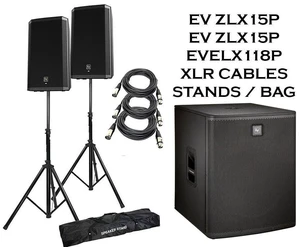 (2) Electro-Voice ZLX-15P 15 Powered Loudspeakers Packaged with Electro-Voice ELX118P 700 Watt 18" Powered Subwoofer + Speaker stand + (2) XLR to XLR Cables 15ft. (2) Electro-Voice ZLX-15P 15 Powered Loudspeakers Packaged with Electro-Voice ELX118P 700 Watt 18" Powered Subwoofer + Speaker stand + (2) XLR to XLR Cables 15ft.
