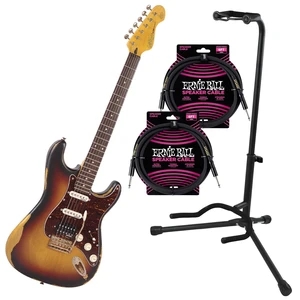 Vintage Icon Distressed V6HMR- Sunburst, GFW-GTR-1000 Stand, (2) ErnieBall Cables Bundle Vintage Icon Distressed V6HMR- Sunburst, GFW-GTR-1000 Stand, (2) ErnieBall Cables Bundle