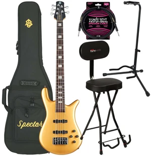 Spector Euro 5 Classic Bass Guitar, Metallic Gold Gloss, Gator GFW-GTR-SEAT and Stand, ErnieBall 1/4 Cable Bundle Spector Euro 5 Classic Bass Guitar, Metallic Gold Gloss, Gator GFW-GTR-SEAT and Stand, ErnieBall 1/4 Cable Bundle
