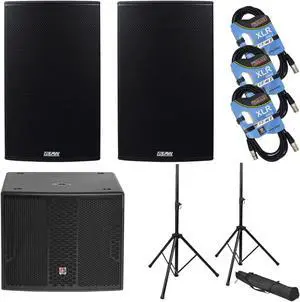 (2) EAW RS153 1500W 15 2-Way Self-Powered Loudspeaker  PSG Audio Chaos 18  (2) Stands  (3) XLR Cables Bundle