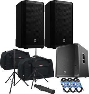 (2) Electro-Voice ZLX-12P-G2 12 1000W Powered Speaker, (2) Gator Tote-12 Bags, EV ELX200-18SP, (2) Speaker Stands, (3) XLR Cables Bundle