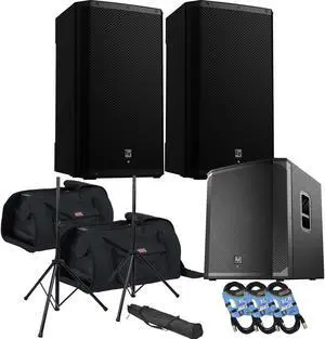 (2) Electro-Voice ZLX-15P-G2 15 1000W Powered Speaker, (2) Gator Tote-15 Bags, EV ELX200-18SP, (2) Speaker Stands, (3) XLR Cables Bundle