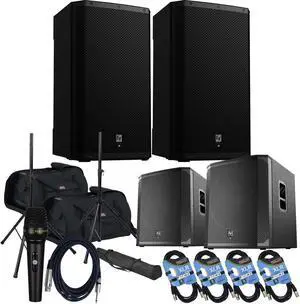 (2) Electro-Voice ZLX-15P-G2 15 1000W Powered Speaker, (2) Gator Tote-15 Bags, (2) EV ELX200-18SP, PSG AUDIO C350, (2) Speaker Stands, (4) XLR Cables Bundle