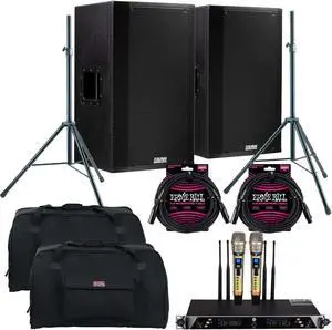 (2) EAW LA151  15 1500W 2-Way Active Speaker, PSG Wireless Mic UGX21II, (2) Speaker Stand, (2) Gator Tote15, (2) ErnieBall XLR Cables Bundle