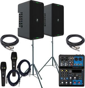 (2) Mackie ShowBox All-in-one Battery Speaker, PSG AUDIO AM-06, (2) PSG AUDIO C350, (2) Speaker Stands, (2) XLR to 1/4 Bundle