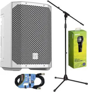 Electro-Voice Everse 8 Battery Speaker (White), Mic Stand, Shure SV100, XLR Cable Bundle