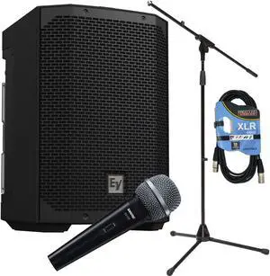 Electro-Voice Everse 8 Battery Speaker, Mic Stand, Shure SV100, XLR Cable Bundle