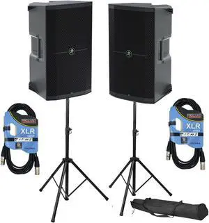 (2) Mackie Thump212 12 1400W Active Speaker, Stands with Bag, (2) XLR Cables Bundle