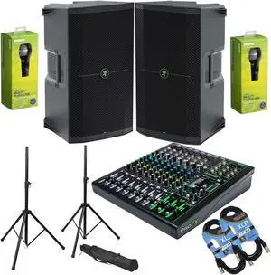 (2) Mackie Thump212 12 1400W Active Speaker, Mackie FX12V3 Mixer, Stands with Bag, (2) SV100 Mics (4) XLR Cables Bundle