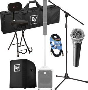 Electro-Voice Evolve 50M Powered Speaker  White (Top Cover Included), Guitar GFW-GTR-SEAT, EVOLVE50-SUBCVR, Mic Stand, SM58 Mic, XLR Cable Bundle