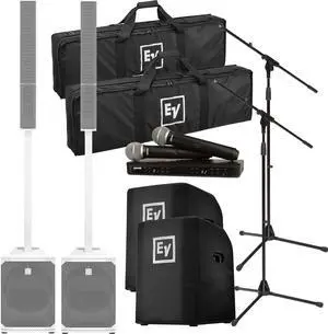 (2) Electro-Voice Evolve 50M Powered Speaker  White (Top Cover Included), (2) EVOLVE50-SUBCVR, (2) Mic Stands, BLX288/PG58 Bundle
